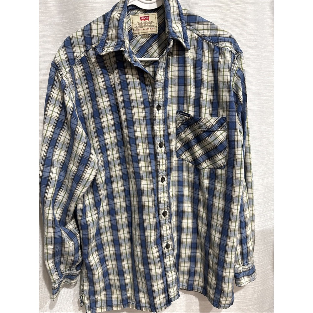 VTG 90s Levi's Denim Long Sleeve Button Up Shirt Plaid Men's M Grunge Western